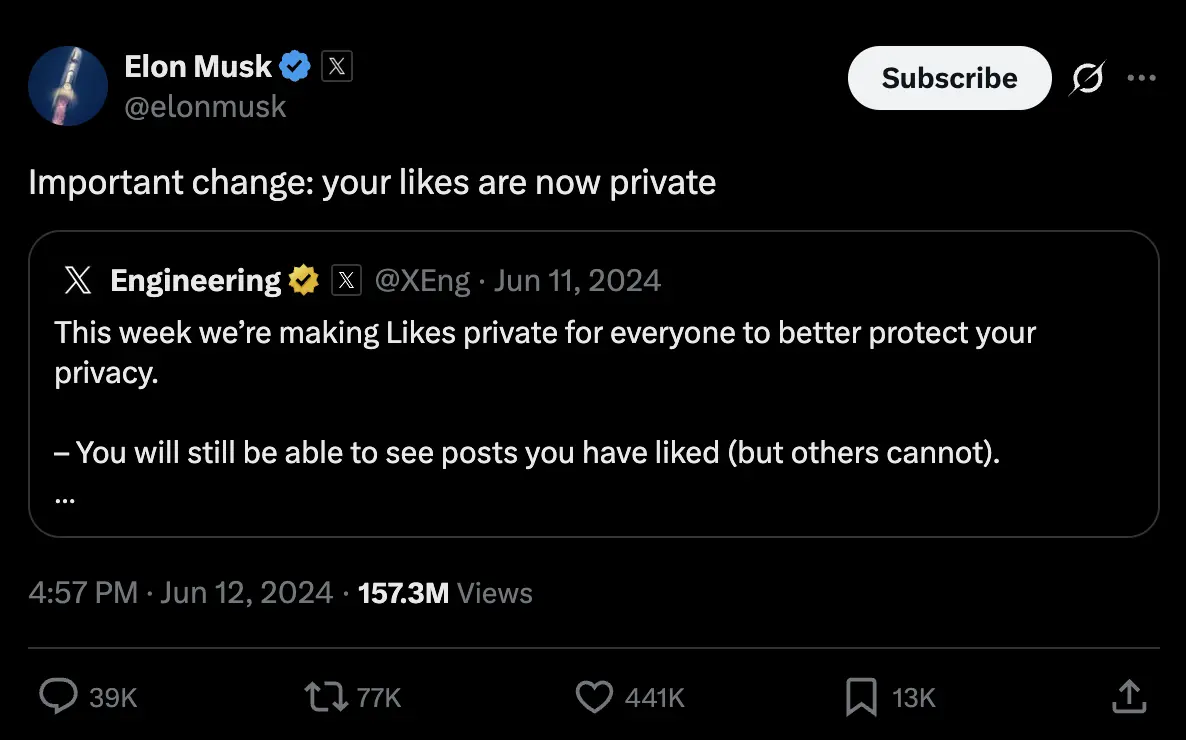 Elon Musk's tweet on June 12, 2024 announcing "Important change: your likes are now private," quoting the X Engineering announcement about making likes private for everyone