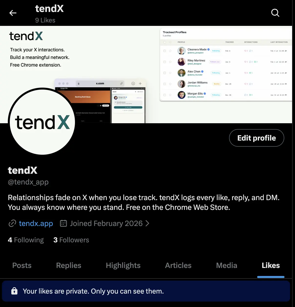 X profile Likes tab showing the message "Your likes are private. Only you can see them." confirming that X likes are hidden from other users