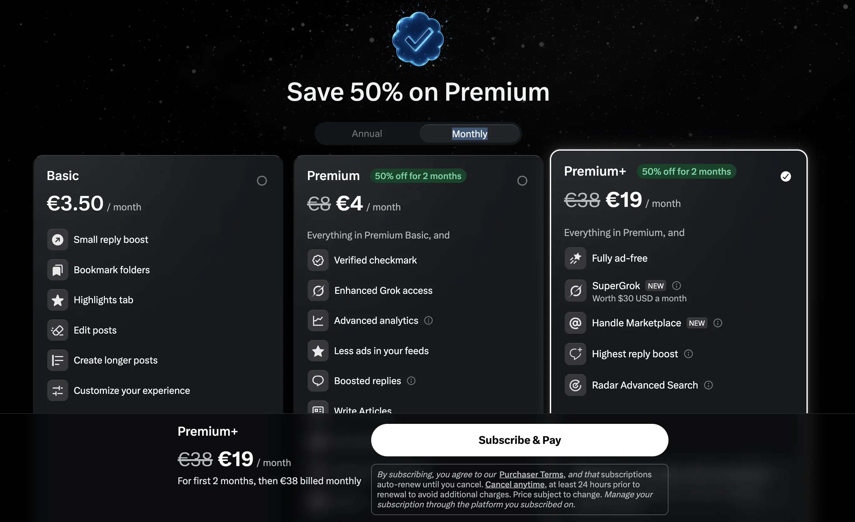 X Premium subscription page showing three tiers: Basic, Premium, and Premium+ with pricing and feature comparison for each plan