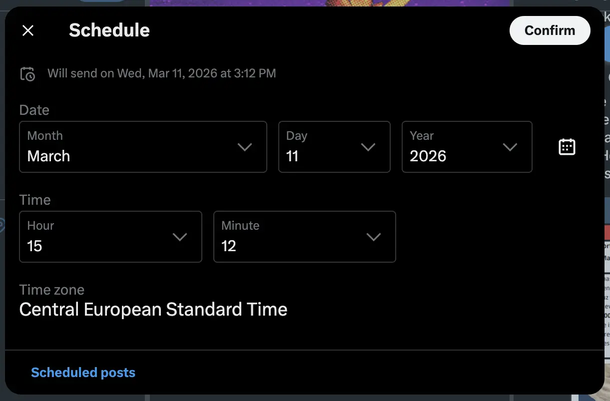 X post scheduling dialog showing date, time, and time zone pickers, a Premium-only feature requiring an $8/month subscription
